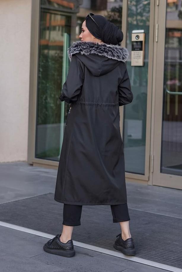 Hijab-Kleidung  BELİ BÜZGÜLÜ KAPÜŞONLU KABAN 77501  - TRENDTESETTÜR