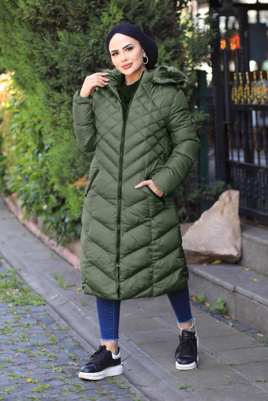 Tesettür giyim HAKİ KAPÜŞONLU ŞİŞME KABAN T 0041	