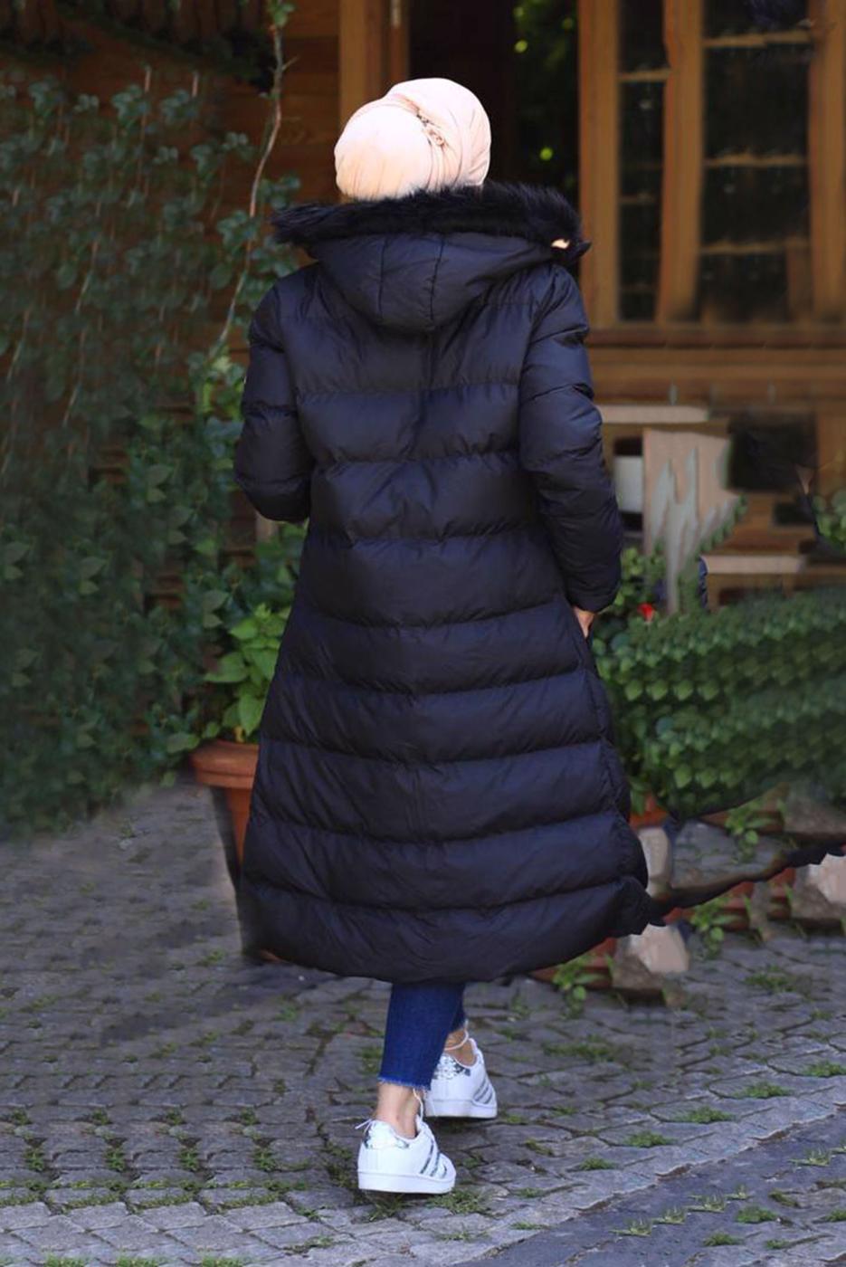 Tesettür giyim LACİVERT KAPÜŞONLU ŞİŞME KABAN T 0041	