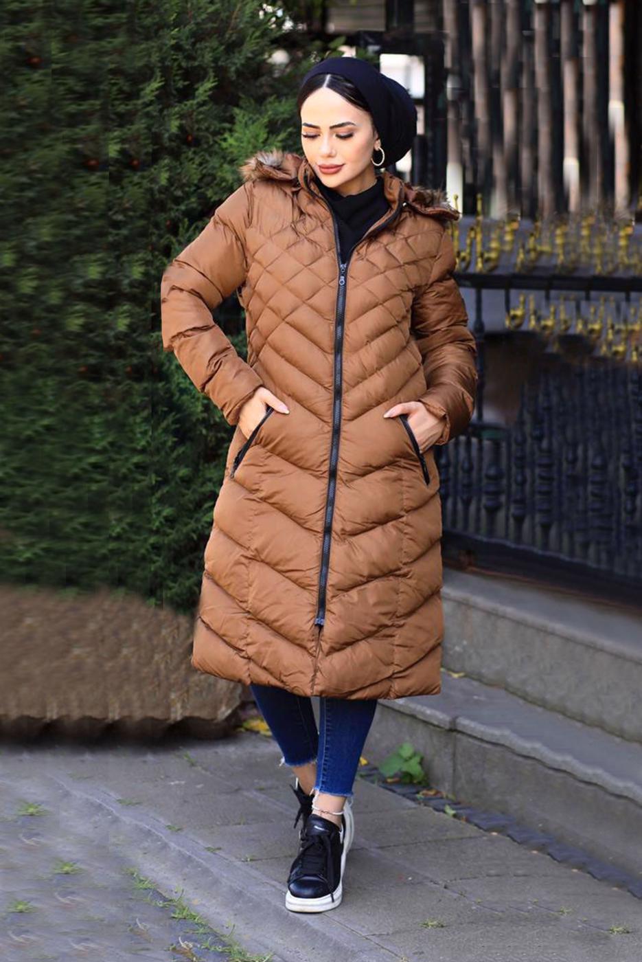 Tesettür giyim TABA KAPÜŞONLU ŞİŞME KABAN T 0041	