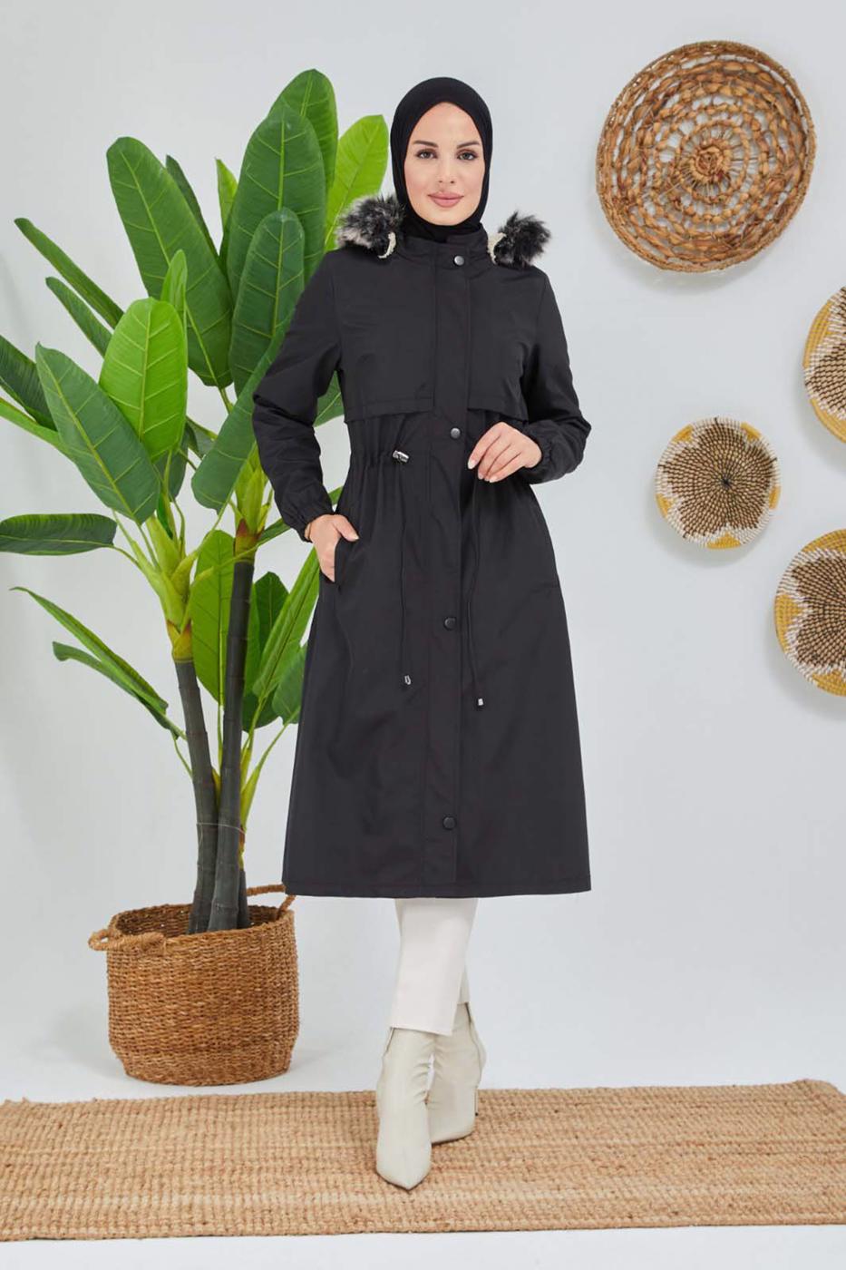 Tesettür giyim SİYAH BELİ BÜZGÜLÜ KAPÜŞON DETAYLI KABAN 0180 