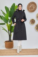 Tesettür giyim SİYAH BELİ BÜZGÜLÜ KAPÜŞON DETAYLI KABAN 0180 