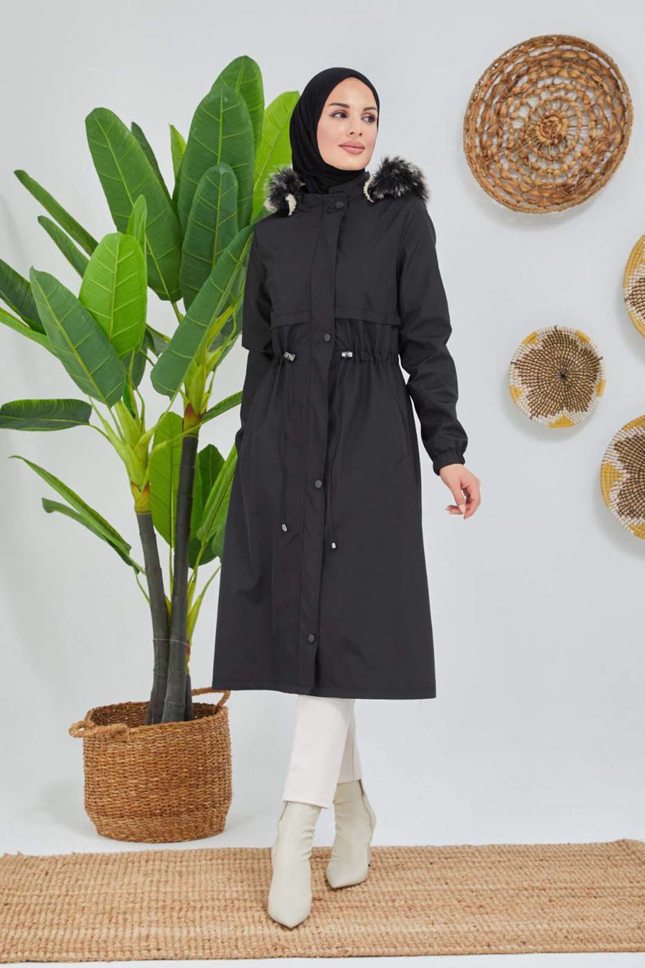 Tesettür giyim SİYAH BELİ BÜZGÜLÜ KAPÜŞON DETAYLI KABAN 0180 