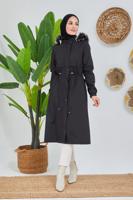 Tesettür giyim SİYAH BELİ BÜZGÜLÜ KAPÜŞON DETAYLI KABAN 0180 