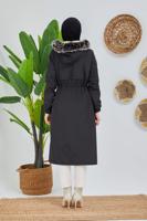 Tesettür giyim SİYAH BELİ BÜZGÜLÜ KAPÜŞON DETAYLI KABAN 0180 