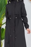 Tesettür giyim SİYAH BELİ BÜZGÜLÜ KAPÜŞON DETAYLI KABAN 0180 