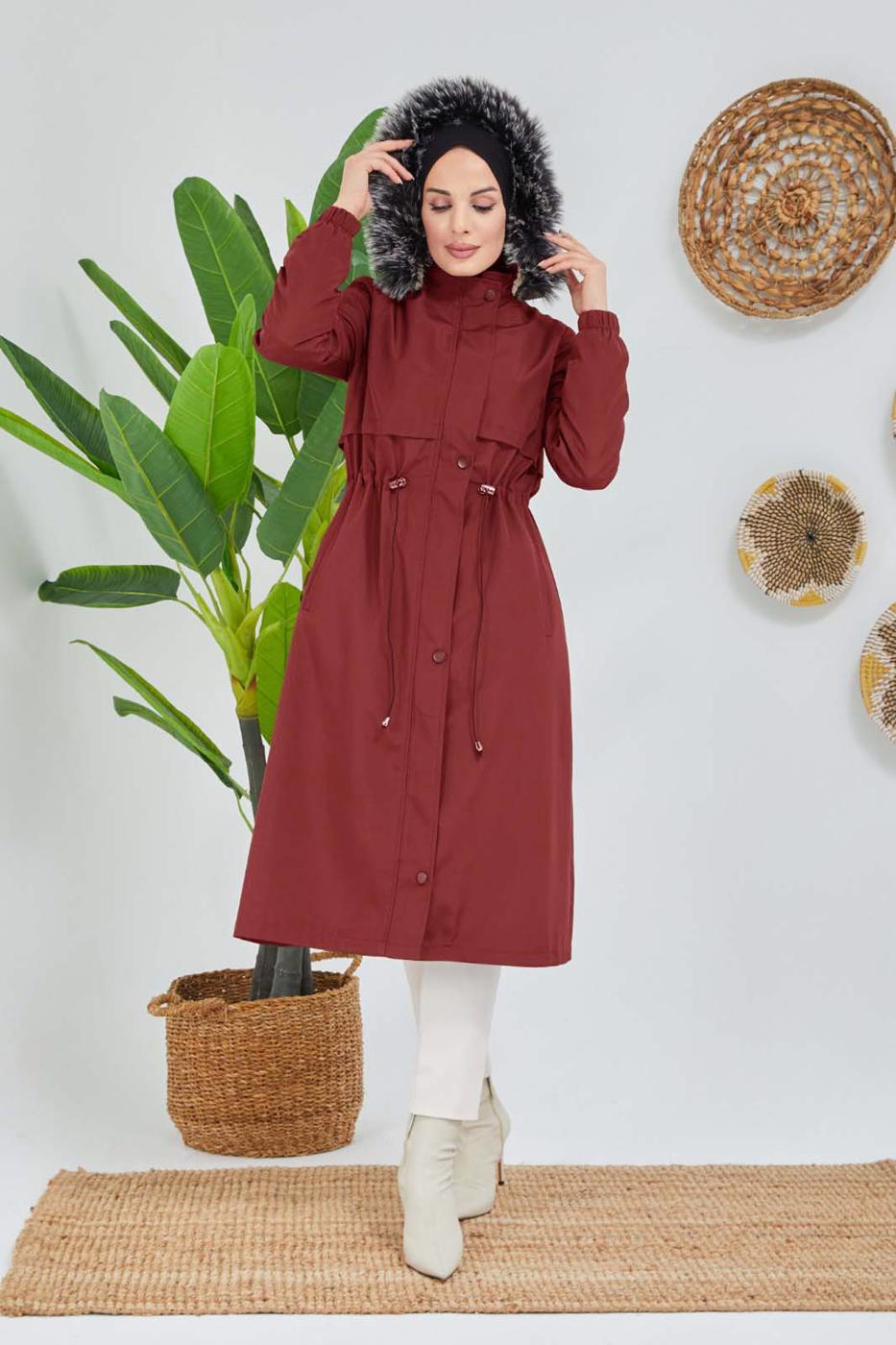 Tesettür giyim BORDO BELİ BÜZGÜLÜ KAPÜŞON DETAYLI KABAN 0180 