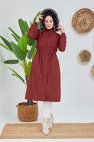 Tesettür giyim BORDO BELİ BÜZGÜLÜ KAPÜŞON DETAYLI KABAN 0180 