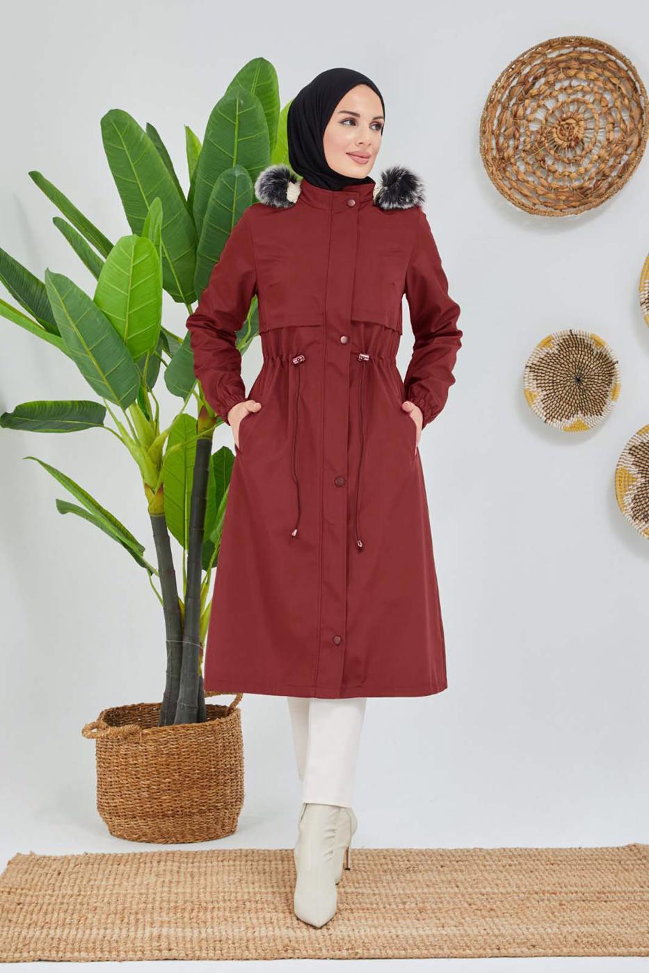 Tesettür giyim BORDO BELİ BÜZGÜLÜ KAPÜŞON DETAYLI KABAN 0180 