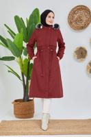 Tesettür giyim BORDO BELİ BÜZGÜLÜ KAPÜŞON DETAYLI KABAN 0180 
