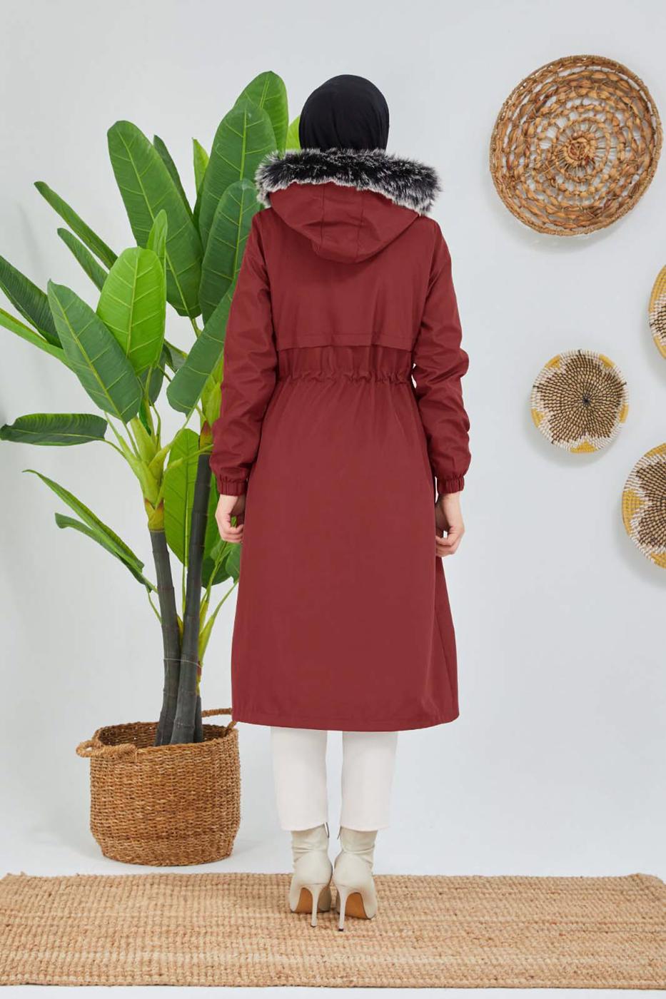 Tesettür giyim BORDO BELİ BÜZGÜLÜ KAPÜŞON DETAYLI KABAN 0180 
