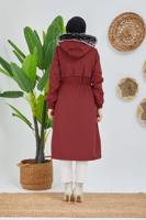 Tesettür giyim BORDO BELİ BÜZGÜLÜ KAPÜŞON DETAYLI KABAN 0180 
