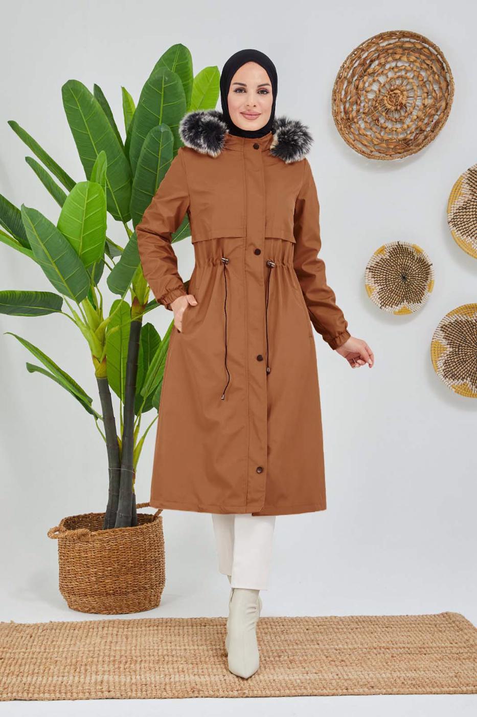 Tesettür giyim TABA BELİ BÜZGÜLÜ KAPÜŞON DETAYLI KABAN 0180 