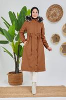 Tesettür giyim TABA BELİ BÜZGÜLÜ KAPÜŞON DETAYLI KABAN 0180 