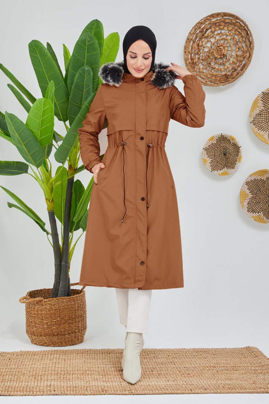 Tesettür giyim TABA BELİ BÜZGÜLÜ KAPÜŞON DETAYLI KABAN 0180 