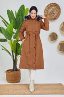 Tesettür giyim TABA BELİ BÜZGÜLÜ KAPÜŞON DETAYLI KABAN 0180 