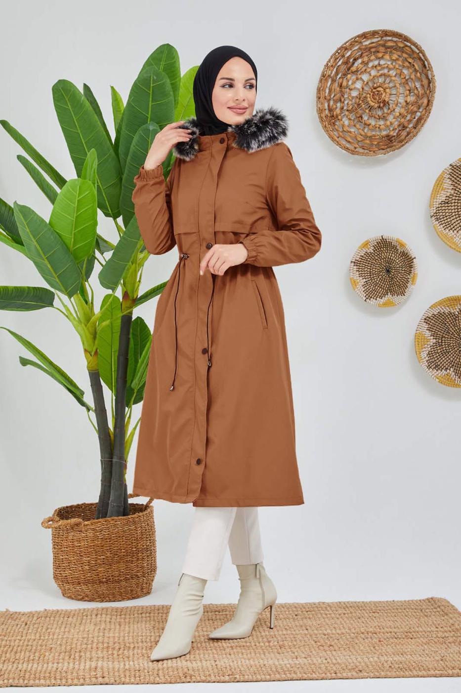 Tesettür giyim TABA BELİ BÜZGÜLÜ KAPÜŞON DETAYLI KABAN 0180 