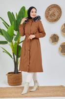 Tesettür giyim TABA BELİ BÜZGÜLÜ KAPÜŞON DETAYLI KABAN 0180 