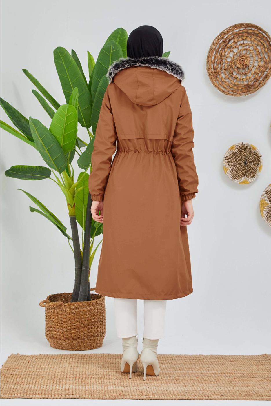 Tesettür giyim TABA BELİ BÜZGÜLÜ KAPÜŞON DETAYLI KABAN 0180 