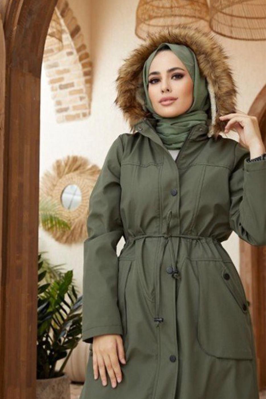 Hijab clothing KHAKI HOODED SMOCKING COAT 819 