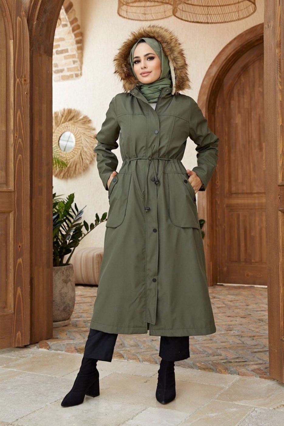 Hijab clothing KHAKI HOODED SMOCKING COAT 819 