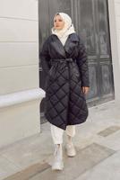 Tesettür giyim SİYAH BELİ BAĞLAMALI KAPİTONE ŞİŞME KABAN 1115 