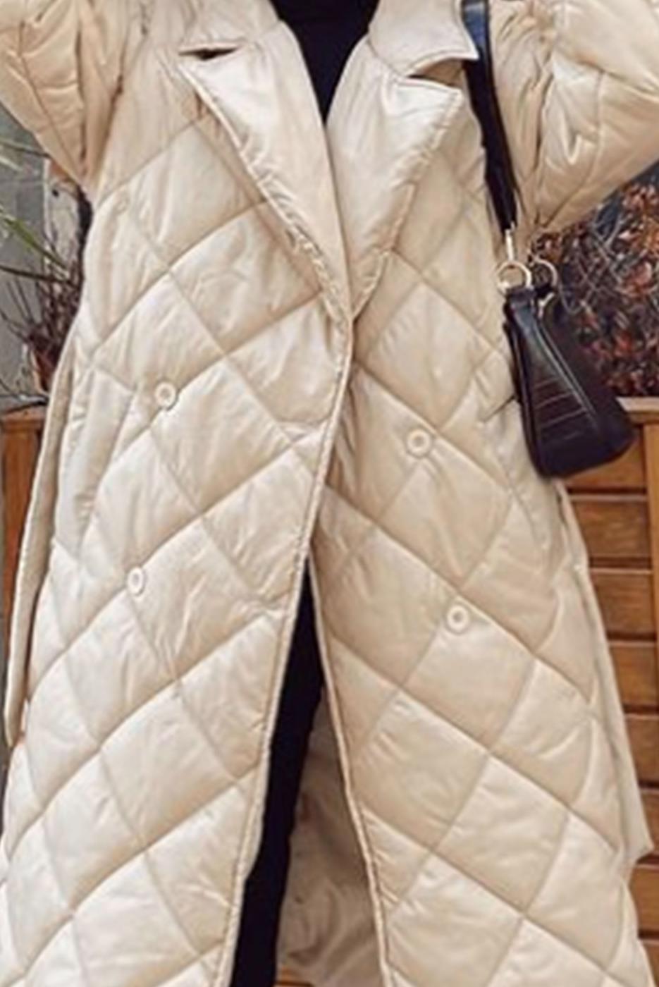 Tesettür giyim BEJ BELİ BAĞLAMALI KAPİTONE ŞİŞME KABAN 1115 