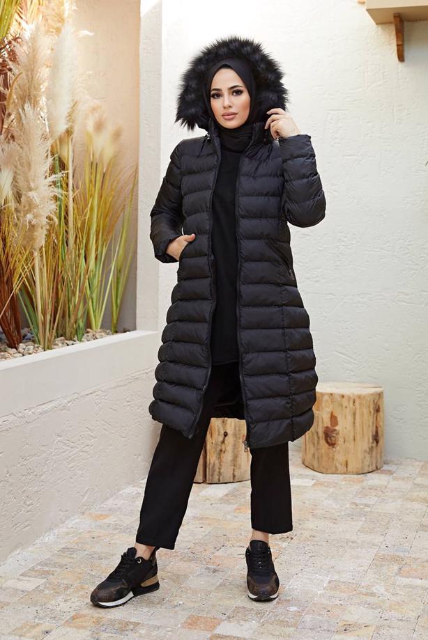 Hijab-Kleidung  KAPÜŞONLU ŞİŞME KABAN  2207 - TRENDTESETTÜR