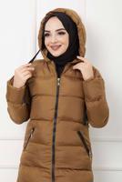 Tesettür giyim TABA KAPÜŞONLU CEPLİ ŞİŞME KABAN 2306 