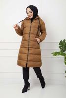 Tesettür giyim TABA KAPÜŞONLU CEPLİ ŞİŞME KABAN 2306 