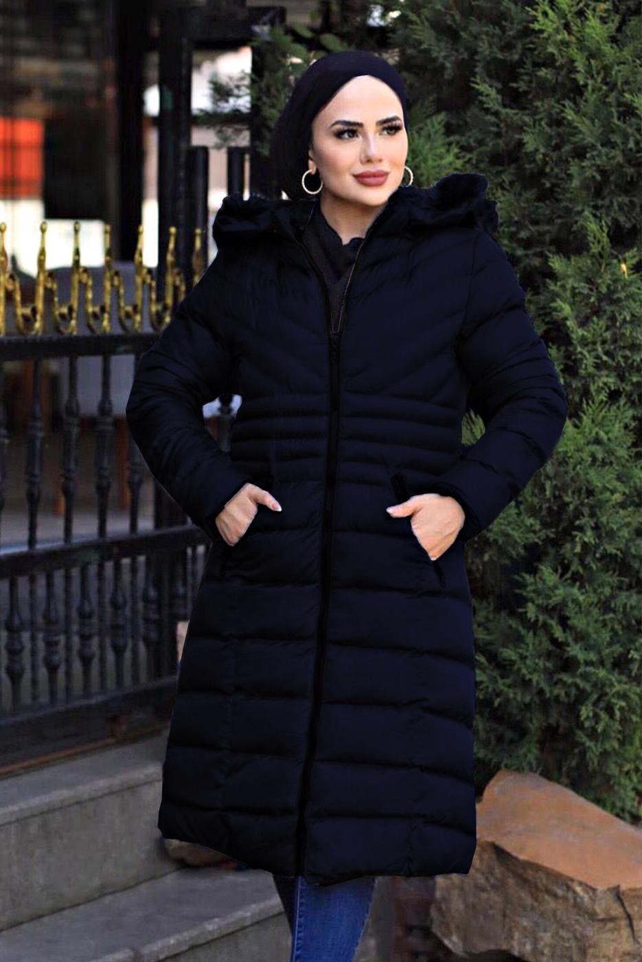 Tesettür giyim LACİVERT KAPÜŞONU KÜRK DETAYLI CEPLİ ŞİŞME KABAN 2400	