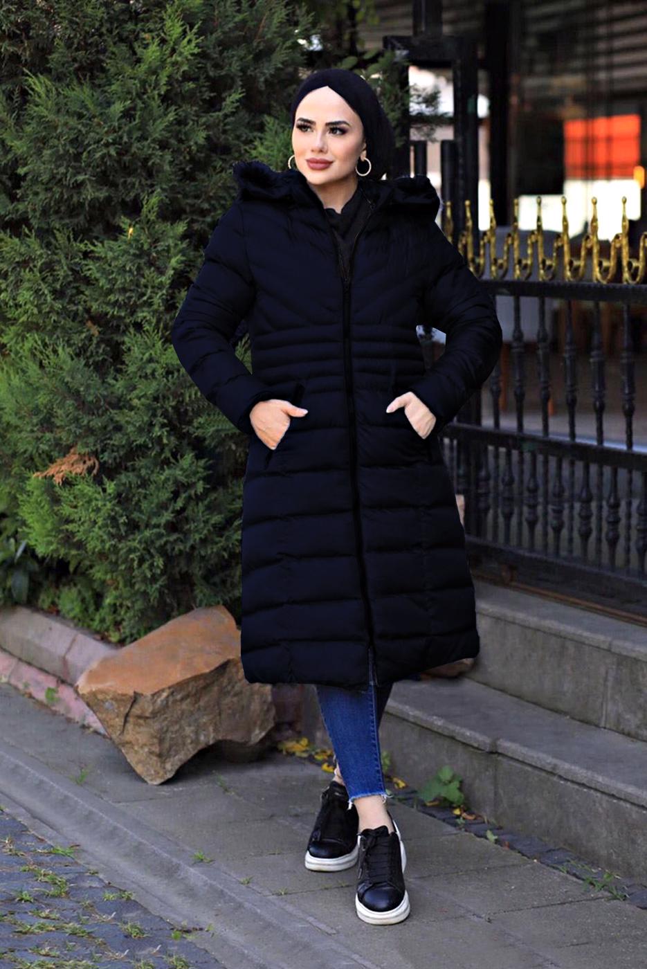 Tesettür giyim LACİVERT KAPÜŞONU KÜRK DETAYLI CEPLİ ŞİŞME KABAN 2400	