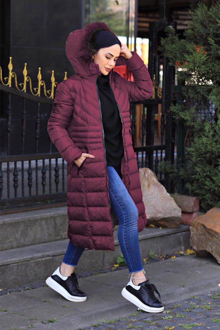 Tesettür giyim MÜRDÜM KAPÜŞONU KÜRK DETAYLI CEPLİ ŞİŞME KABAN 2400	