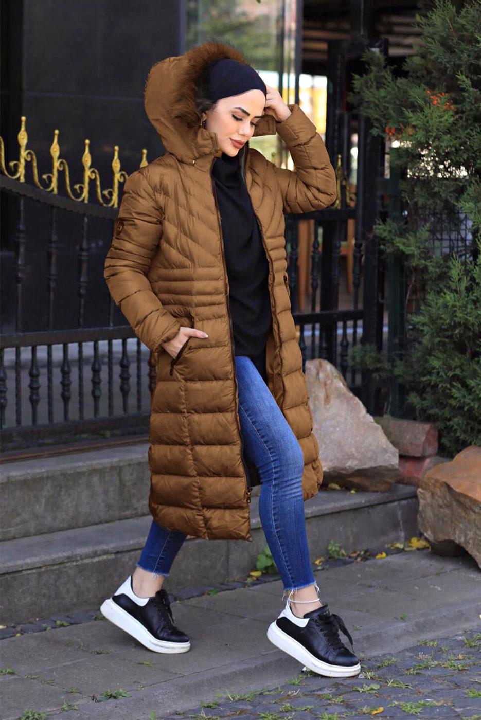 Hijab clothing TABA FURRY HOODED PUFFER COAT WITH POCKET 2400