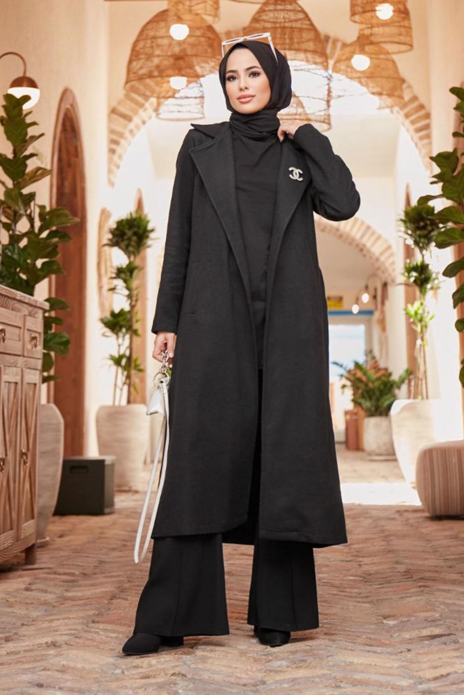 Hijab clothing BLACK DOUBLE BREASTED BELTED COAT 2503 