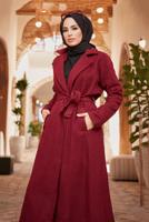 Vêtements hijab ROUGE BORDEAUX MANTEAU À DOUBLE BOUTONNAGE ET CEINTURE 2503