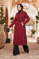 Vêtements hijab ROUGE BORDEAUX MANTEAU À DOUBLE BOUTONNAGE ET CEINTURE 2503