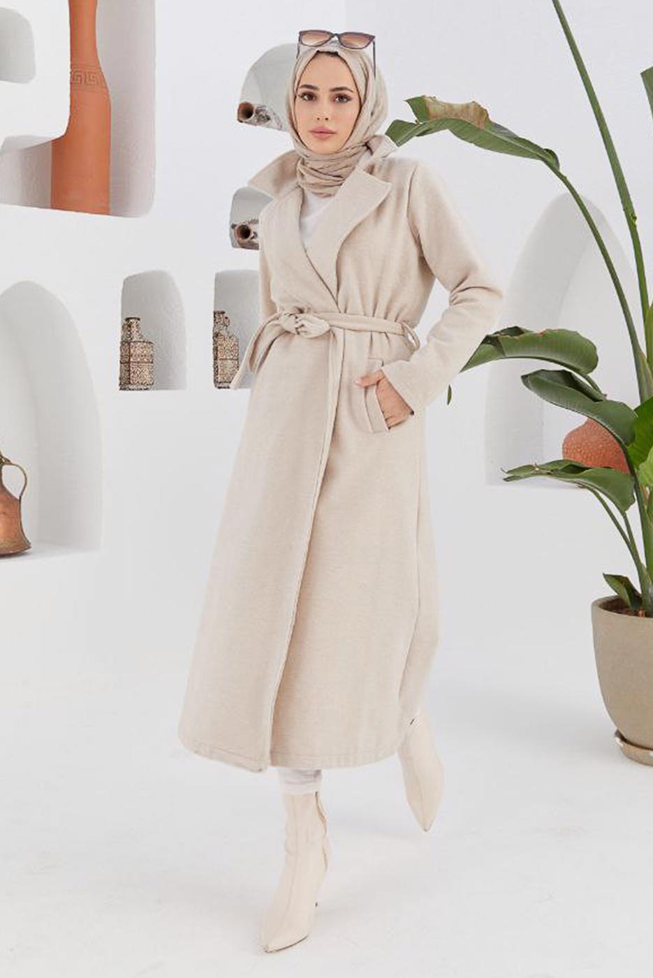 Vêtements hijab ÉCRU MANTEAU À DOUBLE BOUTONNAGE ET CEINTURE 2503