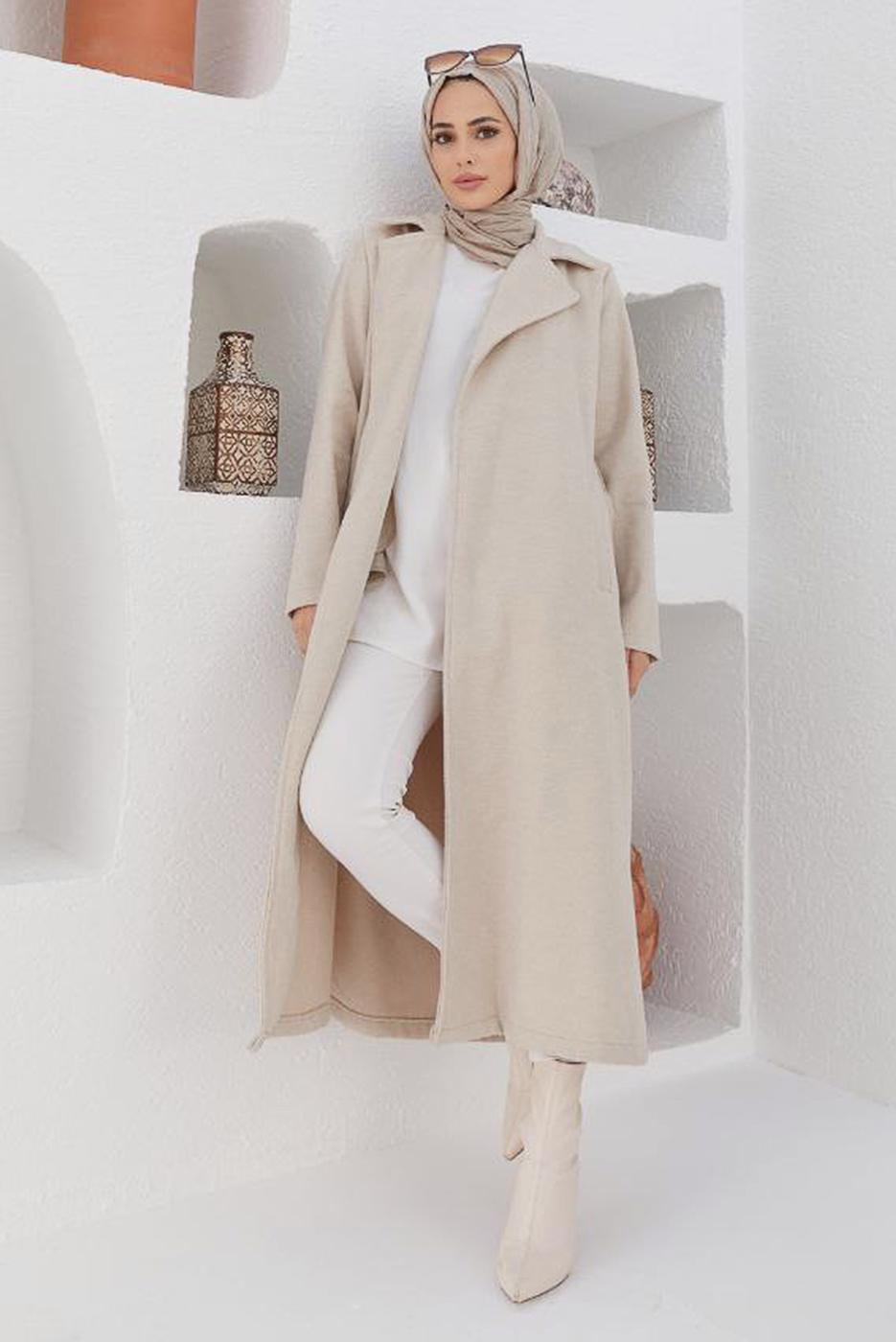 Vêtements hijab ÉCRU MANTEAU À DOUBLE BOUTONNAGE ET CEINTURE 2503