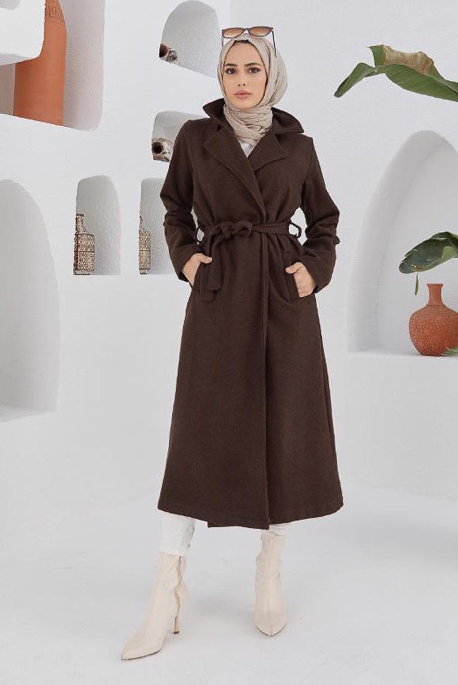 Vêtements hijab BRUN MANTEAU À DOUBLE BOUTONNAGE ET CEINTURE 2503