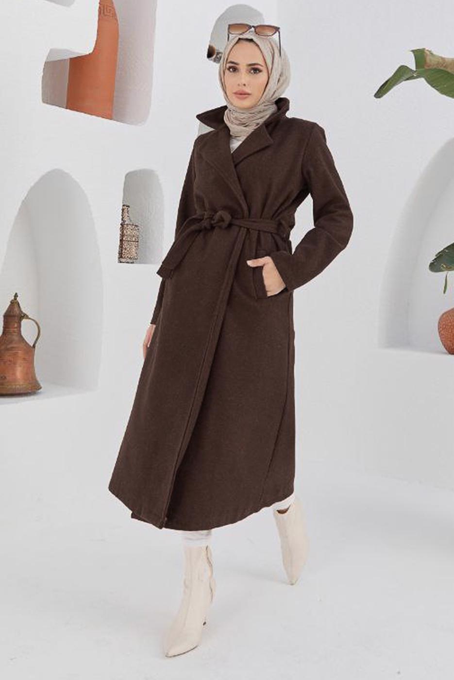 Vêtements hijab BRUN MANTEAU À DOUBLE BOUTONNAGE ET CEINTURE 2503