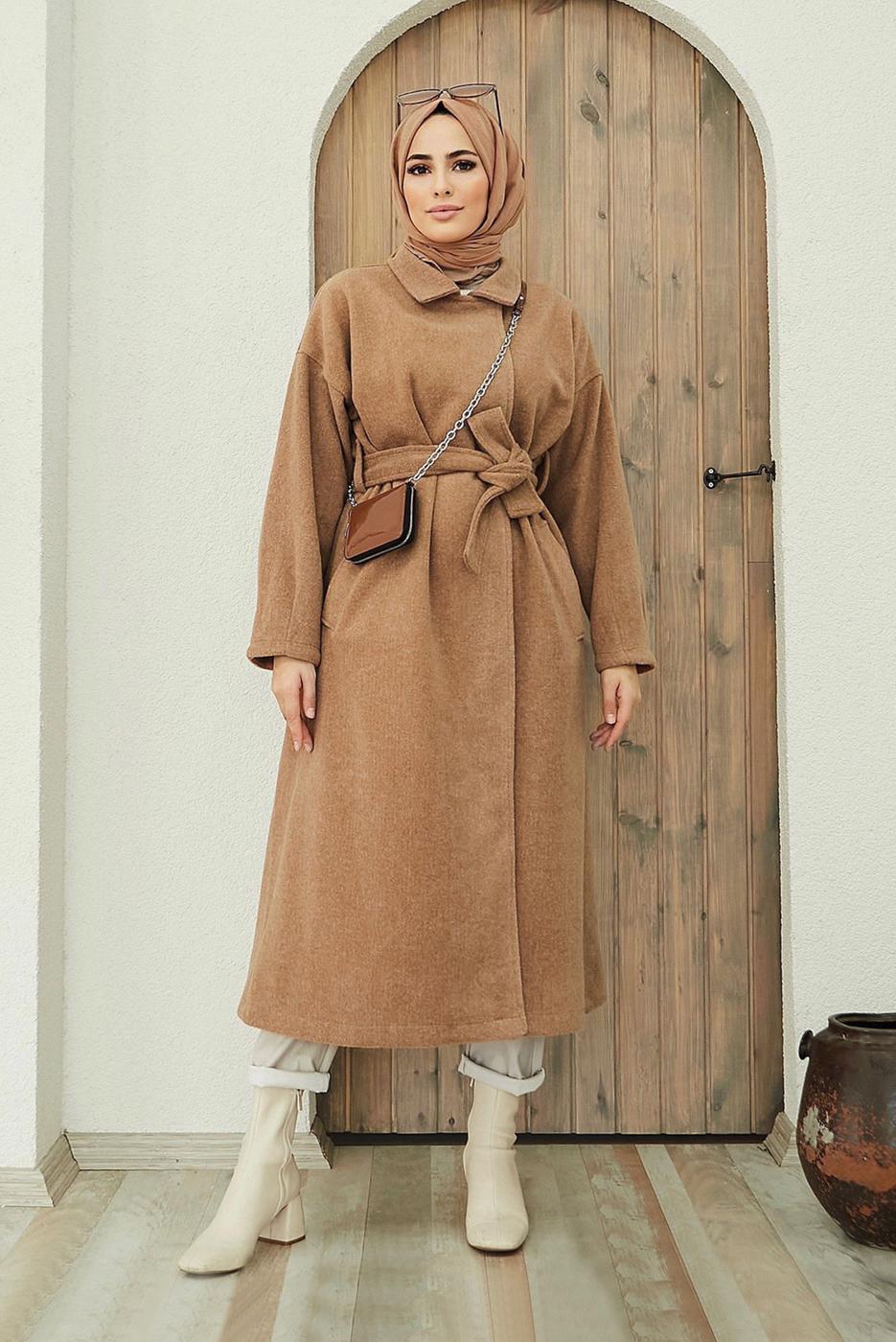 Tesettür giyim KAHVE KUŞAKLI CEPLİ KABAN 4030