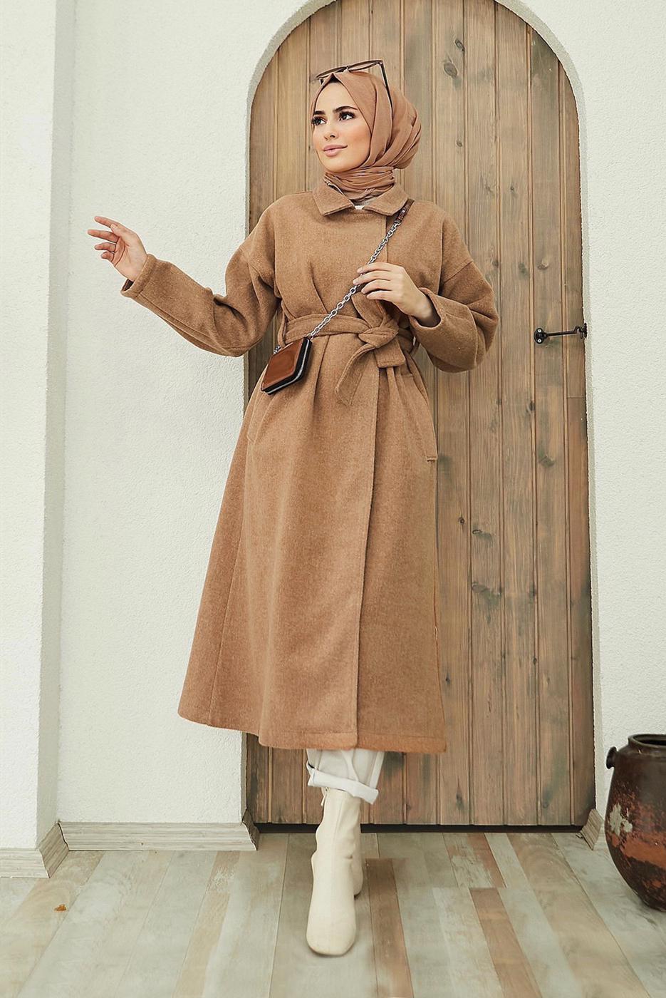 Tesettür giyim KAHVE KUŞAKLI CEPLİ KABAN 4030