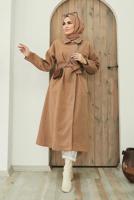 Tesettür giyim KAHVE KUŞAKLI CEPLİ KABAN 4030