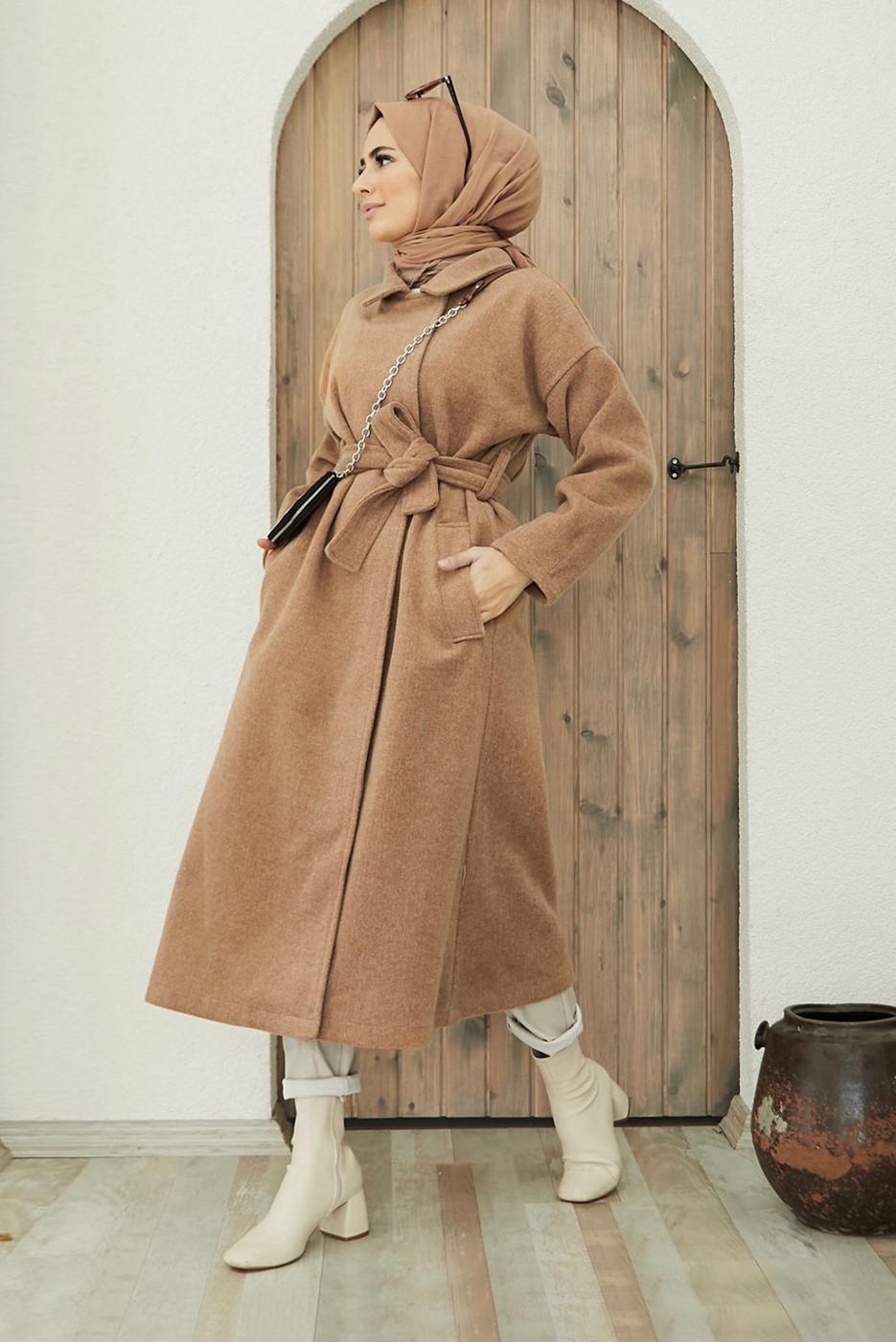 Tesettür giyim KAHVE KUŞAKLI CEPLİ KABAN 4030