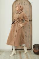 Tesettür giyim KAHVE KUŞAKLI CEPLİ KABAN 4030