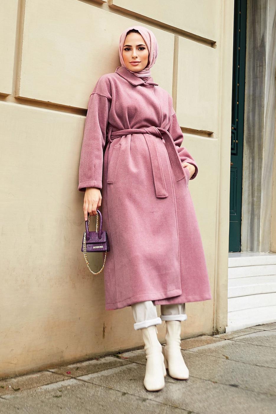 Hijab clothing POWDER BELTED COAT WITH POCKET 4030 