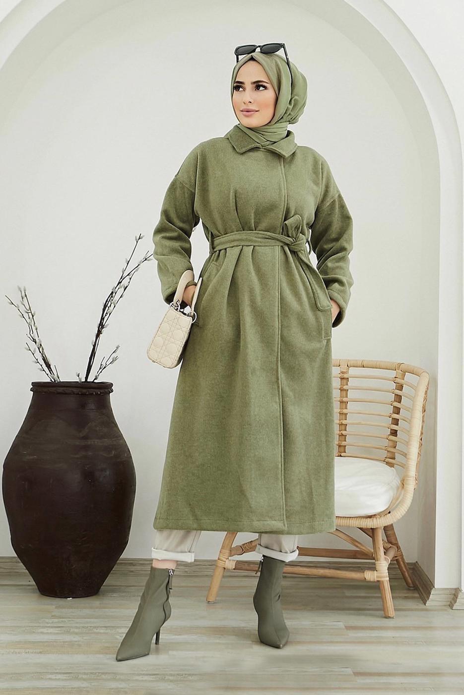 Hijab clothing GREEN BELTED COAT WITH POCKET 4030 