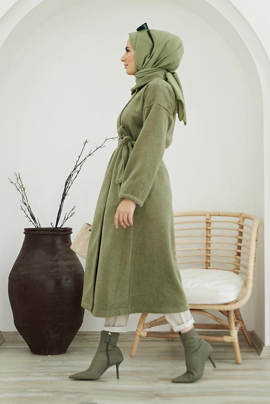 Hijab clothing GREEN BELTED COAT WITH POCKET 4030 