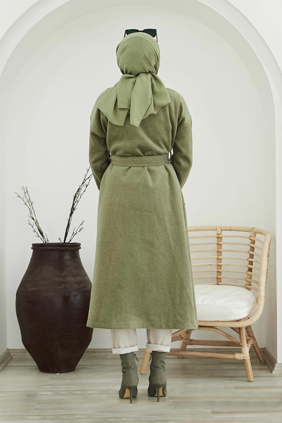 Hijab clothing GREEN BELTED COAT WITH POCKET 4030 